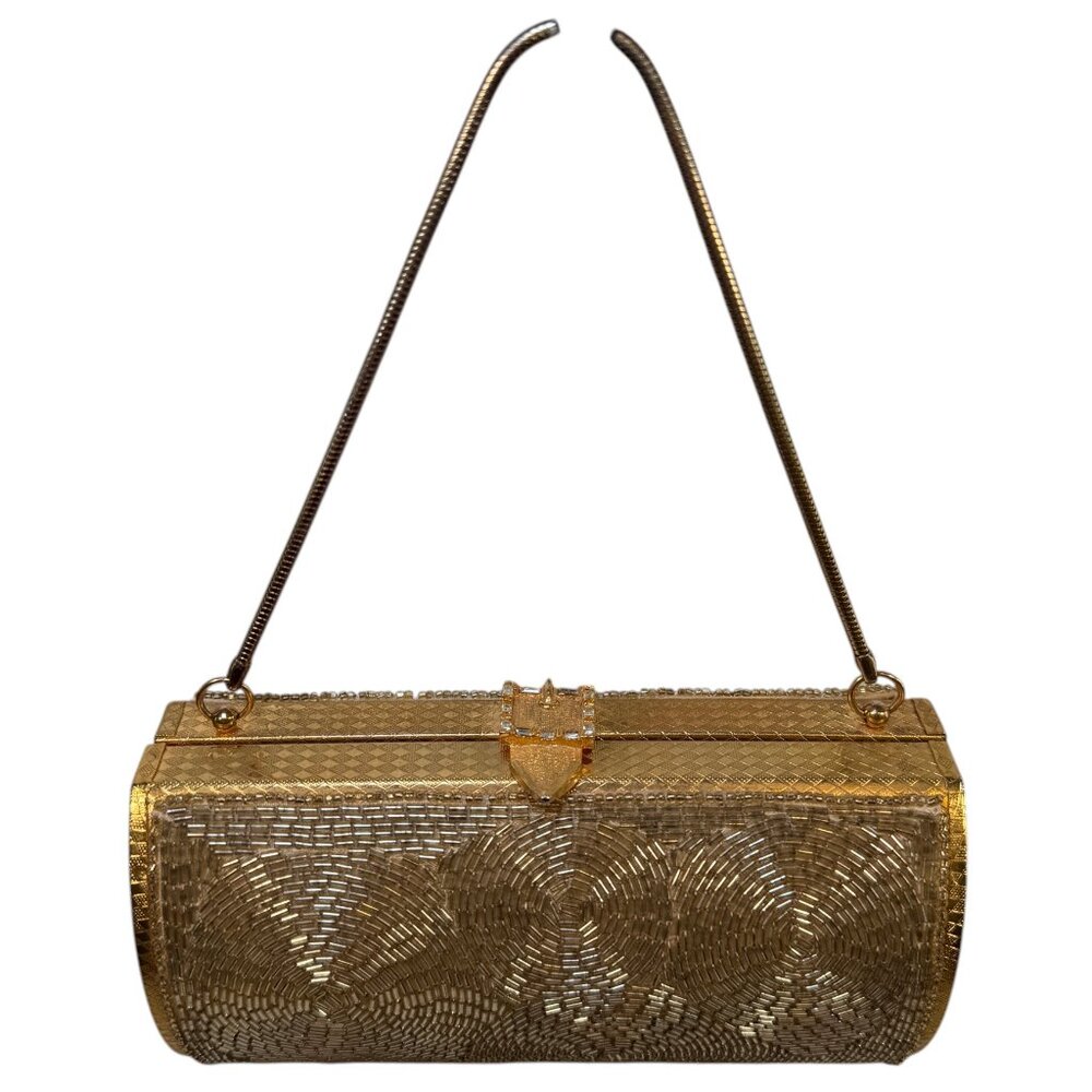 Vintage 50s Gold Beaded Minaudière Clutch Evening Bag Purse - Picture 2 of 16